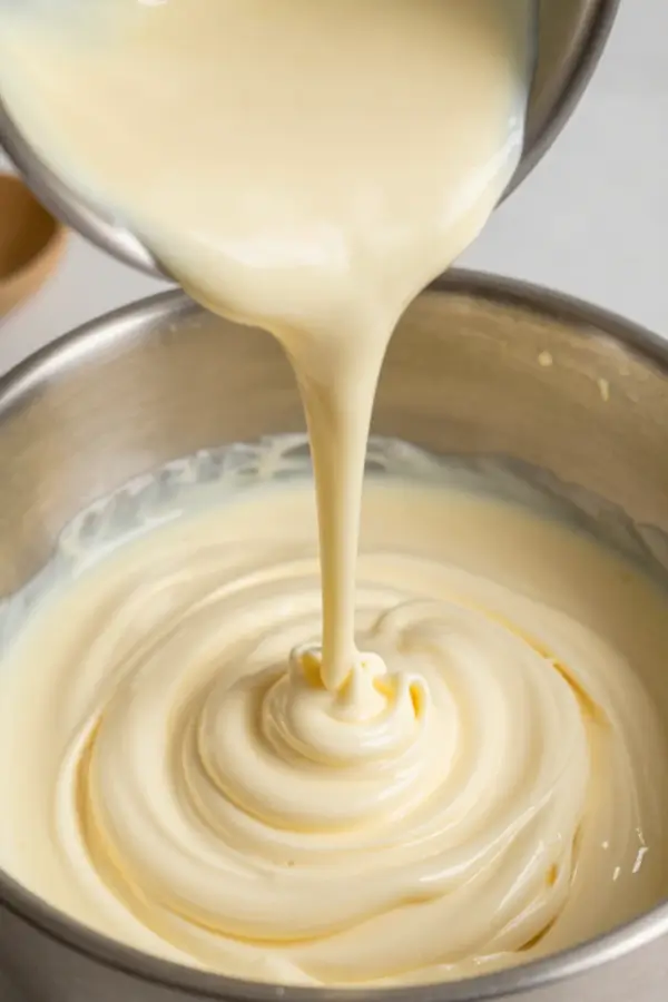 White Chocolate Frosting pouring in a bowl