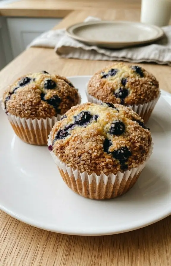 Bakery Style Fluffy Blueberry Muffins on kitchen countertop
