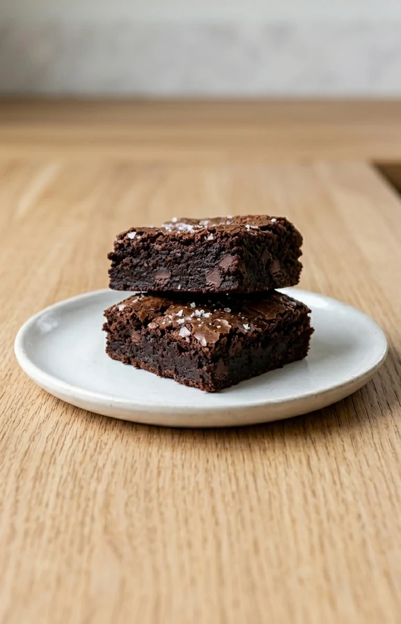 Eye level shot of Chocolate Fudge Brownies on kitchen countertop