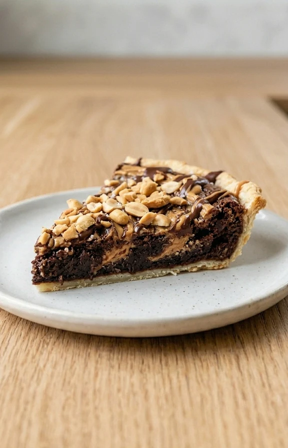 Chocolate Peanut Butter Brownie Pie slice on kitchen countertop
