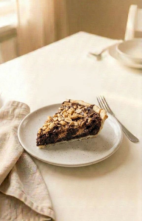 Chocolate Peanut Butter Brownie Pie slice served on the dinner table