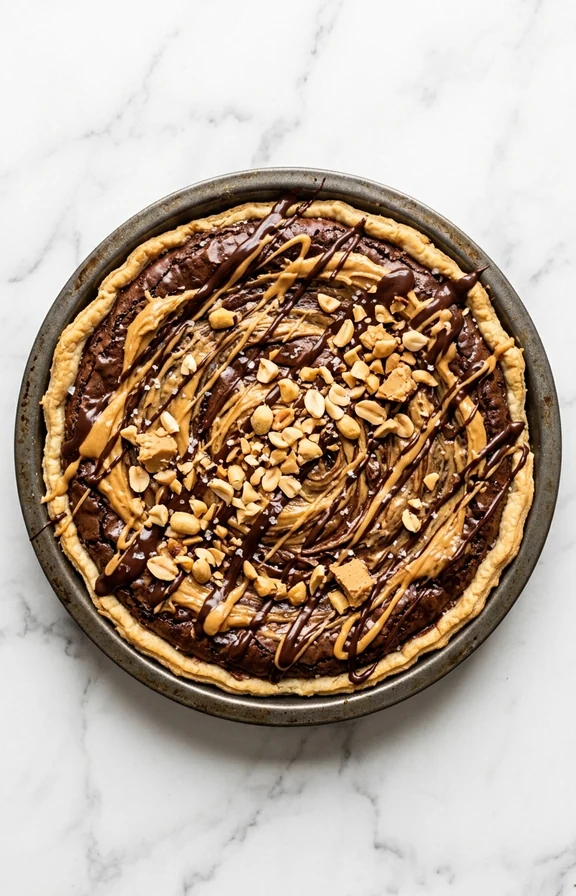 Overhead view of Chocolate Peanut Butter Brownie Pie