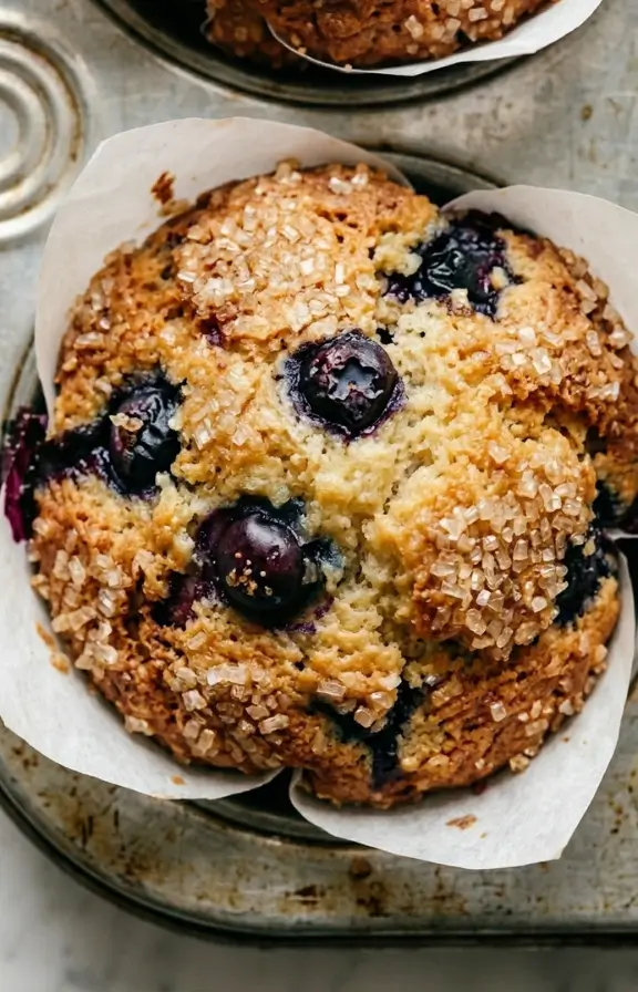 Overview close shot of Blueberry Muffins from Scratch