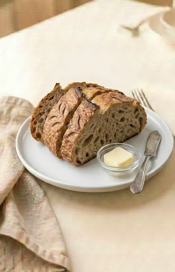 Dutch Oven Sourdough Bread slices served on the dinner table