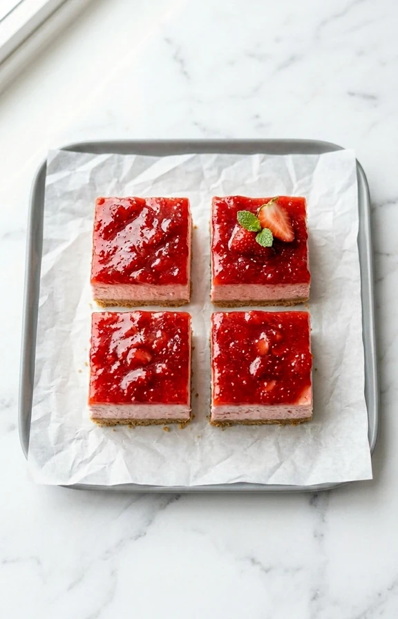 Square pink strawberry cheesecake bars with glossy red strawberry topping on white parchment