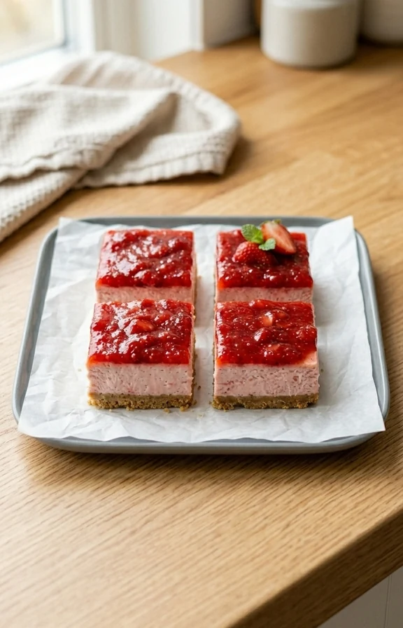 Eye-level shot on a light oak kitchen countertop, square pink strawberry cheesecake bars