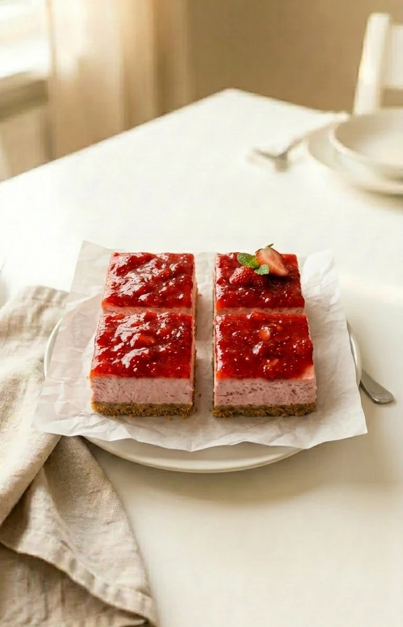 Strawberry cheesecake bars served on a dining table