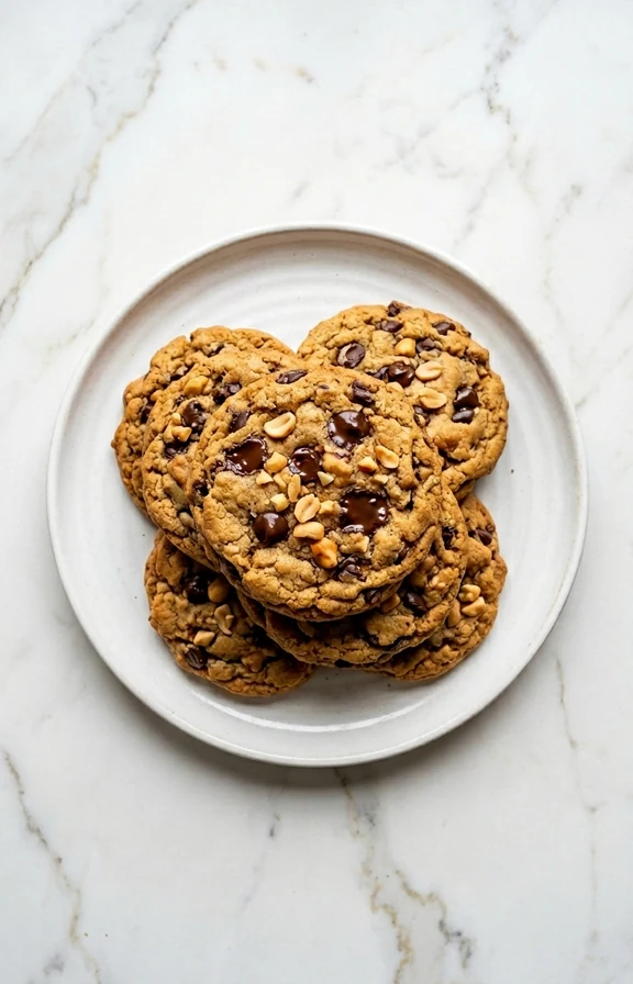 Overhead close-up food photography, golden-brown peanut butter chocolate chip cookies stacked on a white ceramic plate