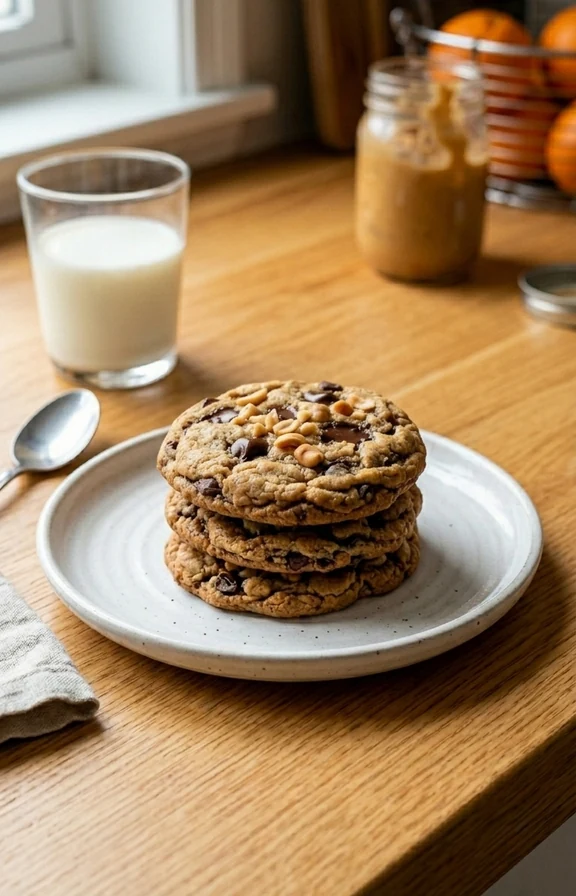 Golden-brown peanut butter chocolate chip cookies on kitchen countertop