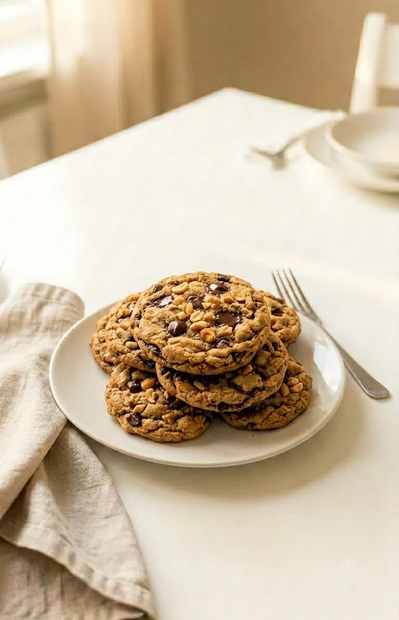 Overhead view of golden-brown peanut butter chocolate chip cookies served on a plate