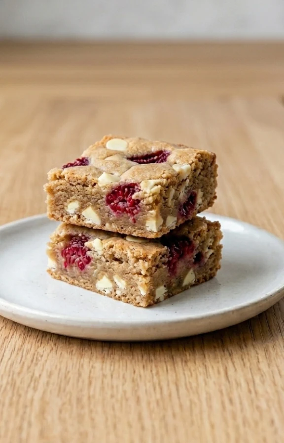White Chocolate Raspberry Blondies on kitchen countertop