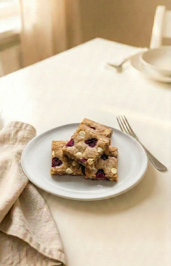 White Chocolate Raspberry Blondies served on the dinner table