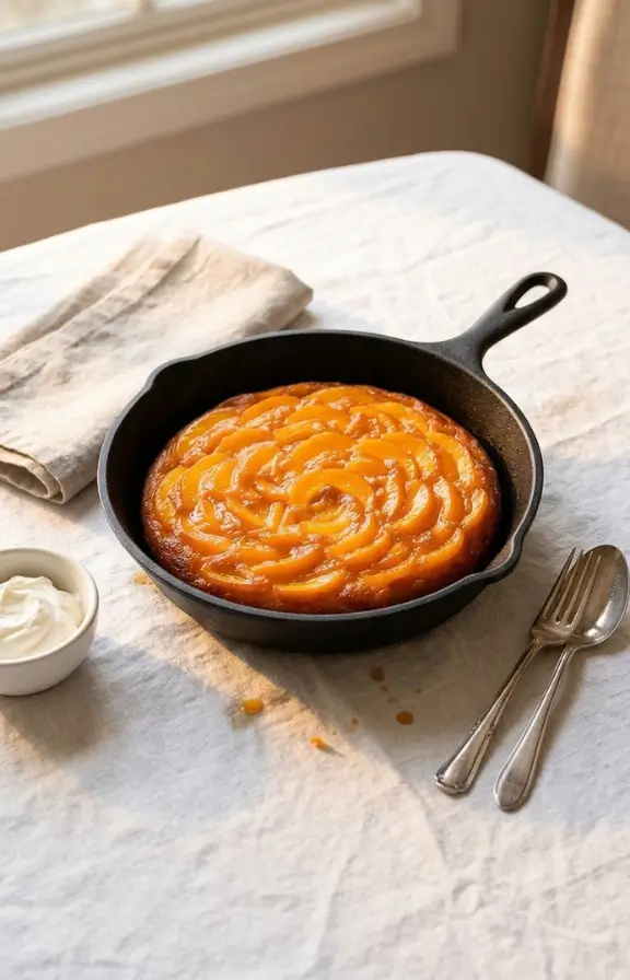 overhead view of Peach Upside Down Cake from Scratch with Cast Iron Skillet on a dining table