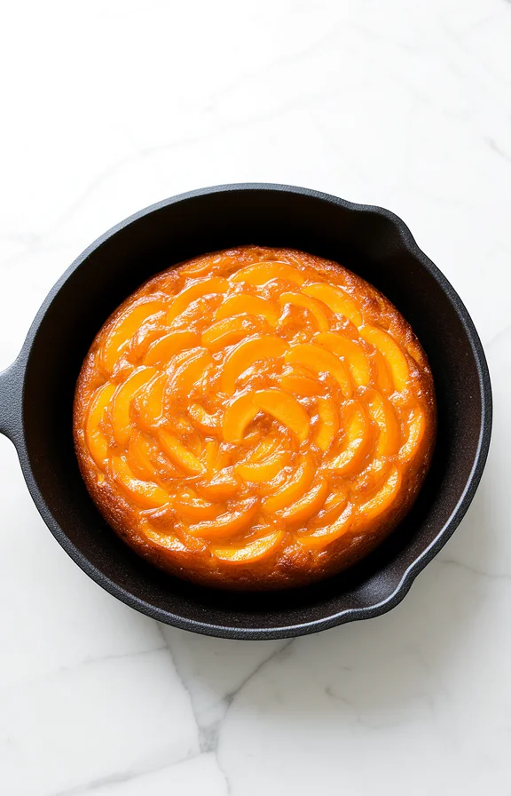 overhead view of Peach Upside Down Cake from Scratch with Cast Iron Skillet on white marble surface