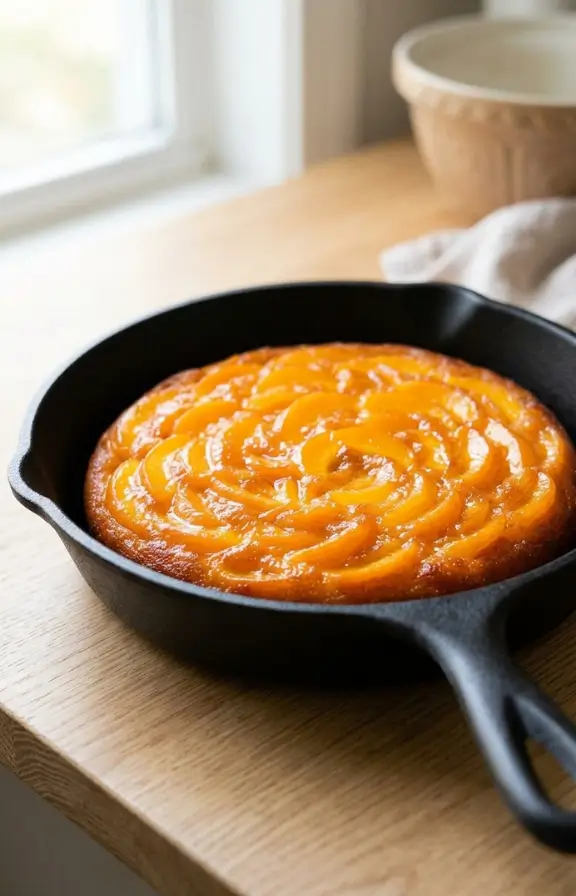 eye-level view of Peach Upside Down Cake from Scratch with Cast Iron Skillet on the kitchen countertop