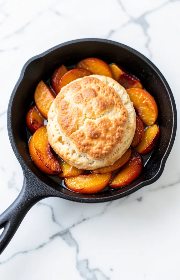 overhead view of Cast Iron Skillet Peach Cobbler for Summer on white marble surface