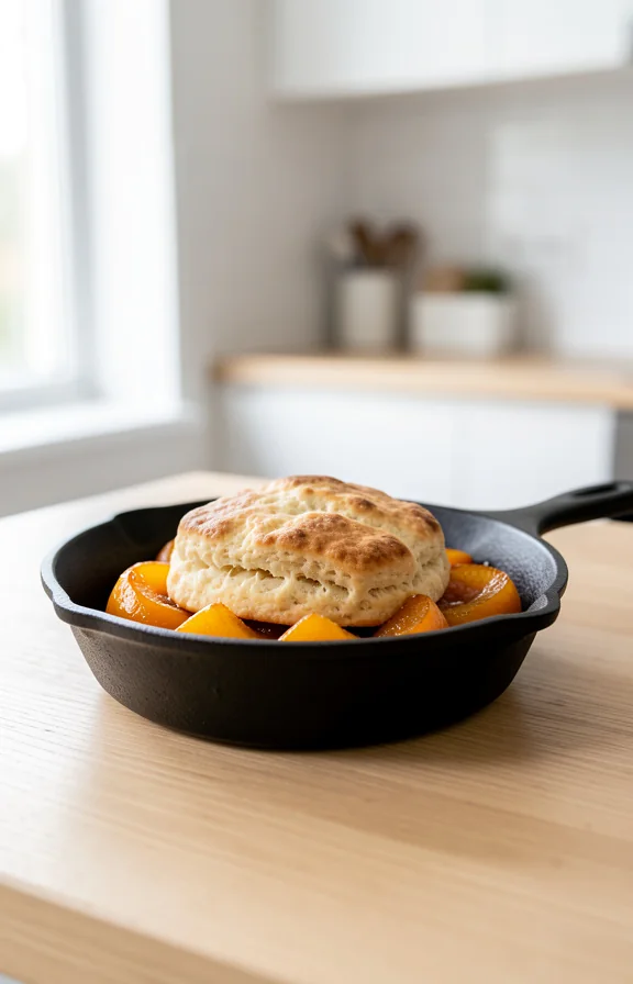 eye-level view of Cast Iron Skillet Peach Cobbler for Summer on the kitchen countertop