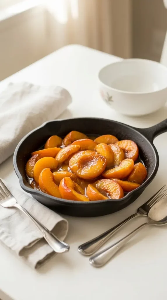 overhead view of Cast Iron Skillet Peach Cobbler on dinner table