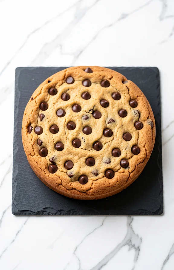 Overhead close-up food photography, A thick, golden-brown Chocolate Chip Cookie Cake studded with melted chocolate chips on a dark slat