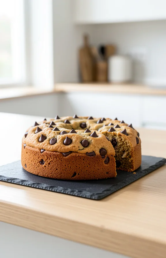 A thick, golden-brown cookie cake studded with melted chocolate chips on a dark slate serving board, on the kitchen countertop