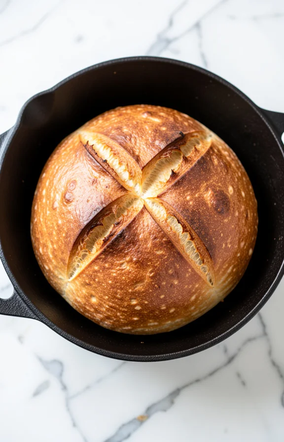 Overhead close-up of Dutch Oven Crusty Bread