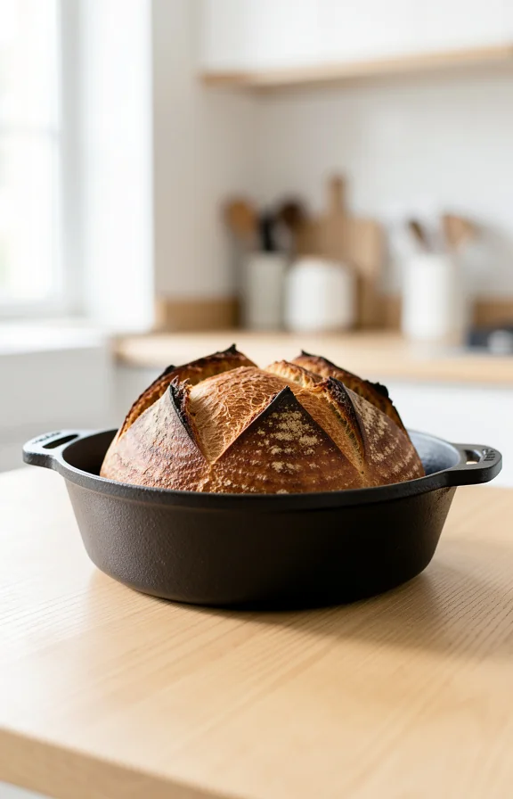 Eye-level shot on a light oak kitchen countertop of Dutch Oven Crusty Bread