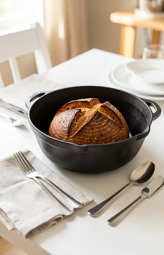 Slight overhead angle on a white dining table, Dutch Oven Crusty Bread