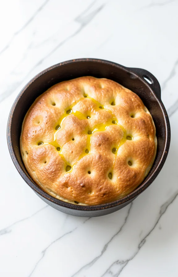 overhead view of Dutch Oven Focaccia Bread for Beginners with No Knead on white marble surface