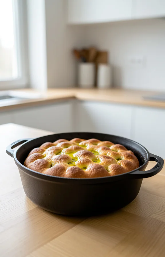 eye-level view of Dutch Oven Focaccia Bread for Beginners with No Knead on the kitchen countertop