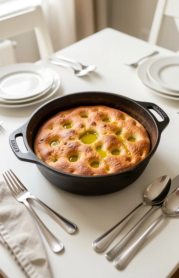 overhead view of Dutch Oven Focaccia Bread for Beginners with No Knead on a dining table