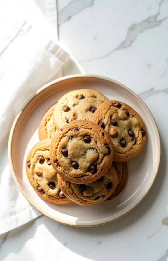 golden chocolate chip cookies stacked on ceramic plate