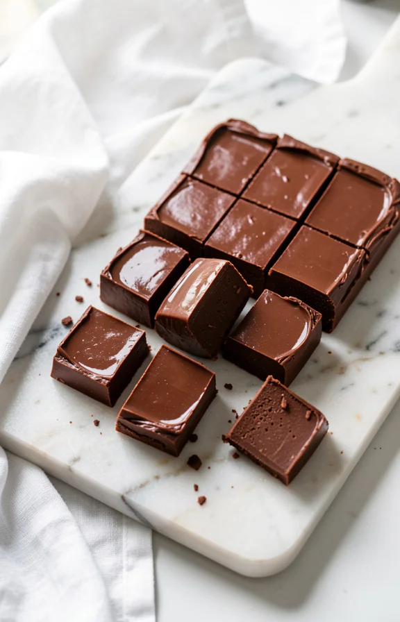 silky homemade chocolate fudge cut into pieces on marble board