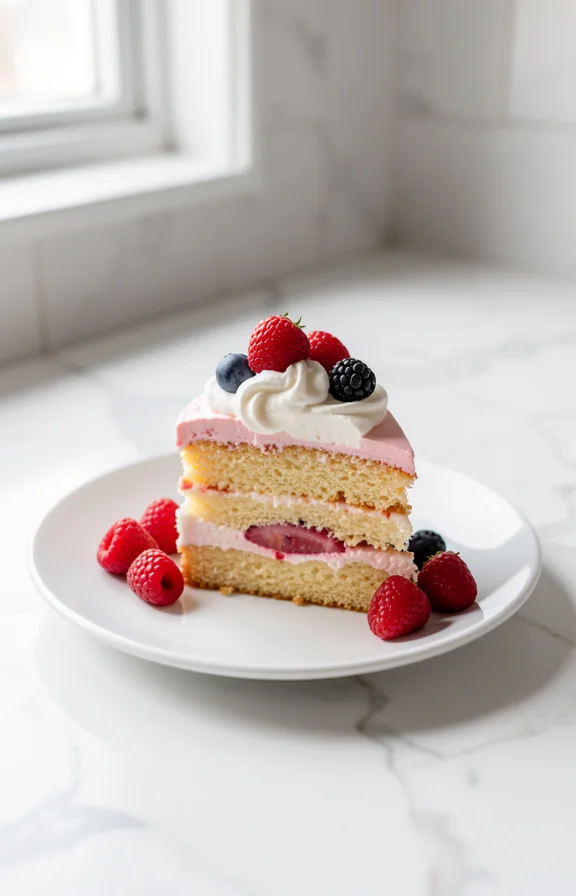 Side profile, strawberry shortcake on white ceramic plate with whipped cream and fresh berries