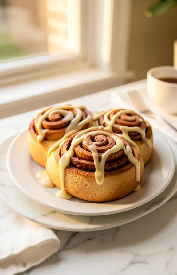 Angled shot, freshly baked cinnamon rolls on white ceramic plate with cream cheese frosting drizzled