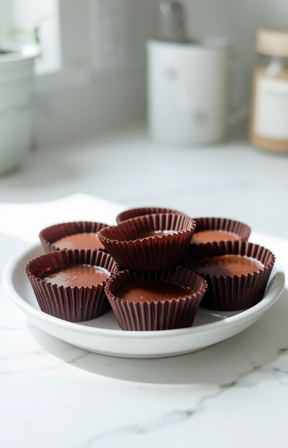 Straight-on angle, homemade peanut butter cups in fluted paper liners arranged on white ceramic dish