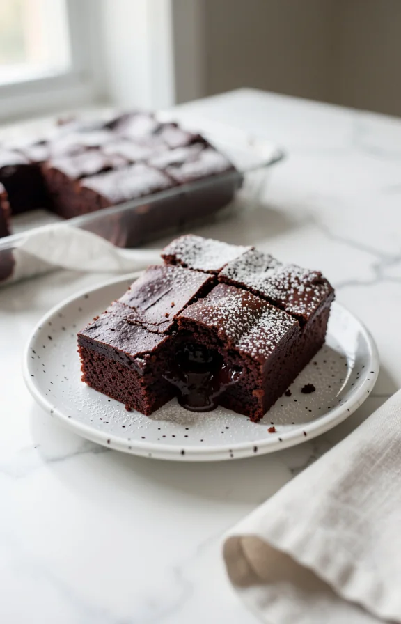 45-degree angle, fudgy dark brownies cut into squares on white speckled plate