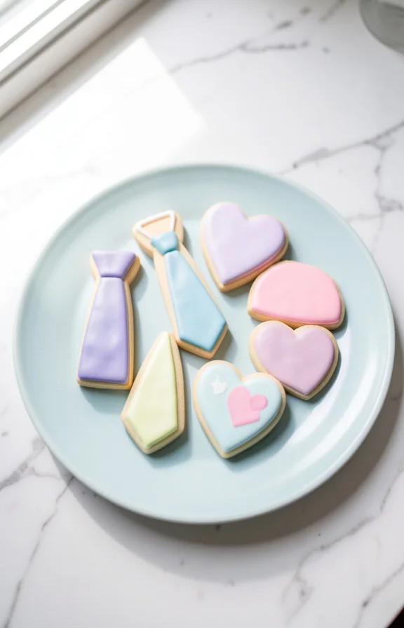 Flat lay perspective, decorated sugar cookie cutouts shaped like ties and hearts on pale blue cerami