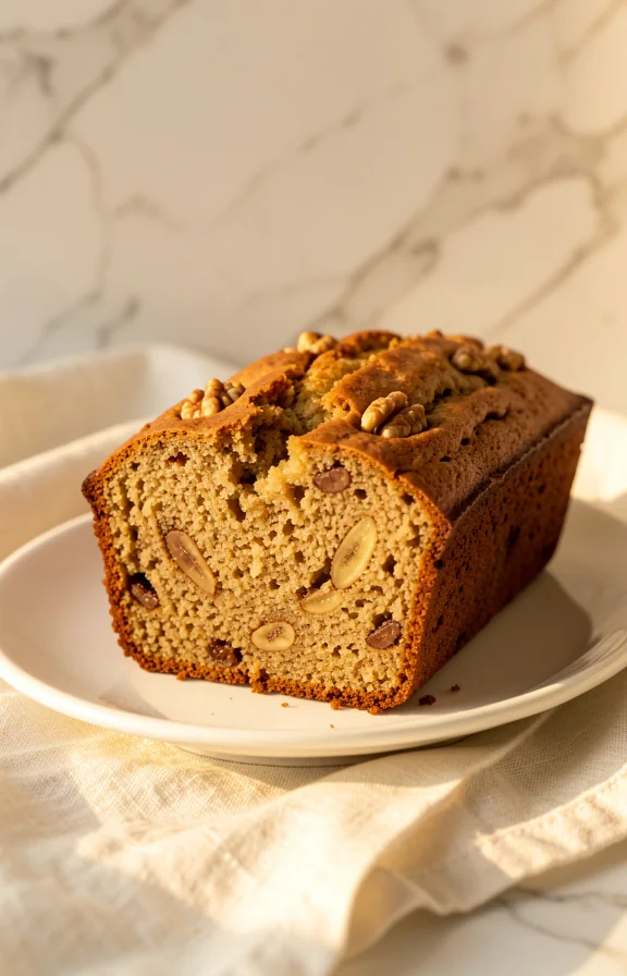 Side angle, sliced banana bread loaf on white ceramic plate showing moist crumb structure