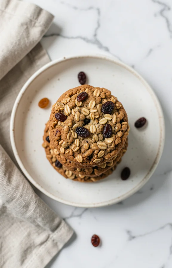 stacked oatmeal raisin cookies on rustic white ceramic plate