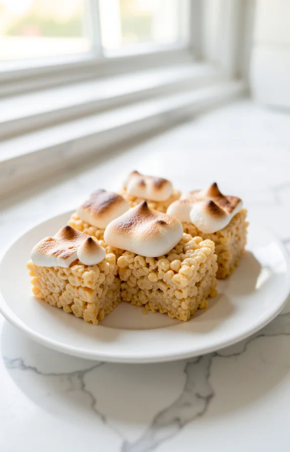 Angled shot, golden Rice Krispie treats cut into squares on white plate