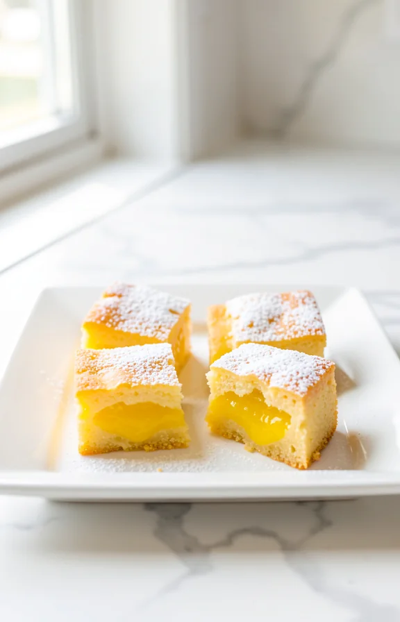 Straight-on view, lemon bars with powdered sugar on white square ceramic plate