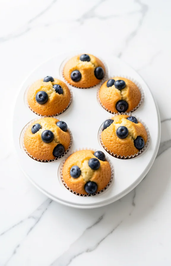 overhead view of Gluten Free Lemon Blueberry Muffins on white marble surface
