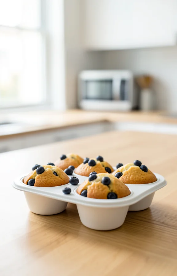 eye-level view of Gluten Free Lemon Blueberry Muffins on the kitchen countertop