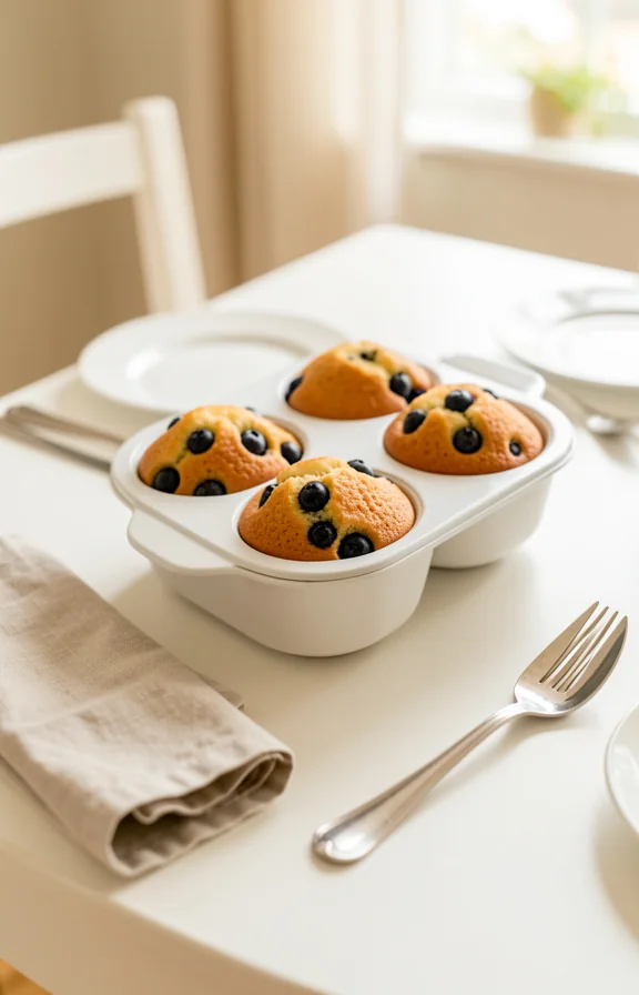 overhead view of Gluten Free Lemon Blueberry Muffins on a dining table