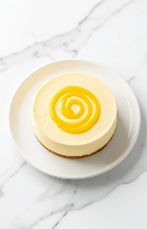 overhead view of Instant Pot Lemon Cheesecake on white marble surface