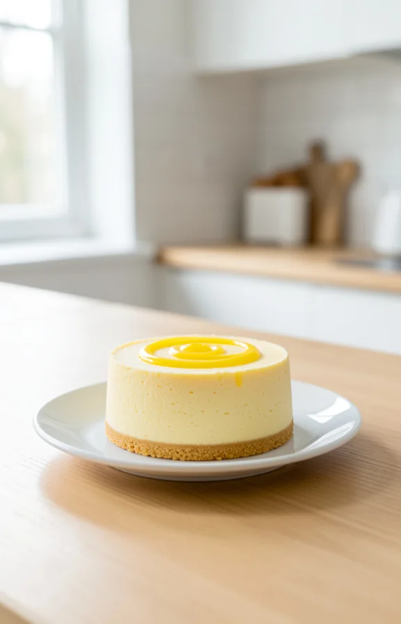 eye-level view of Instant Pot Lemon Cheesecake Ready in 30 Minutes on the kitchen countertop