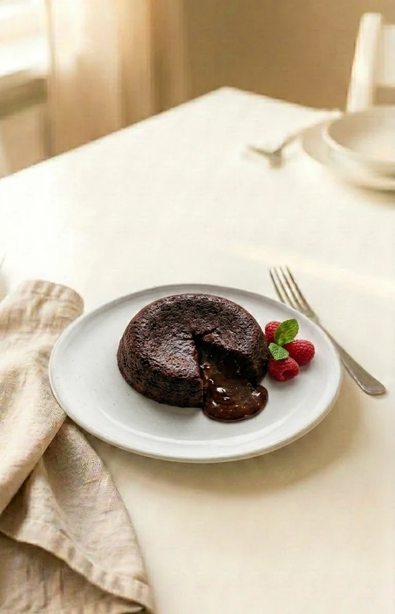 Keto Chocolate Lava Cake served on the dinner table