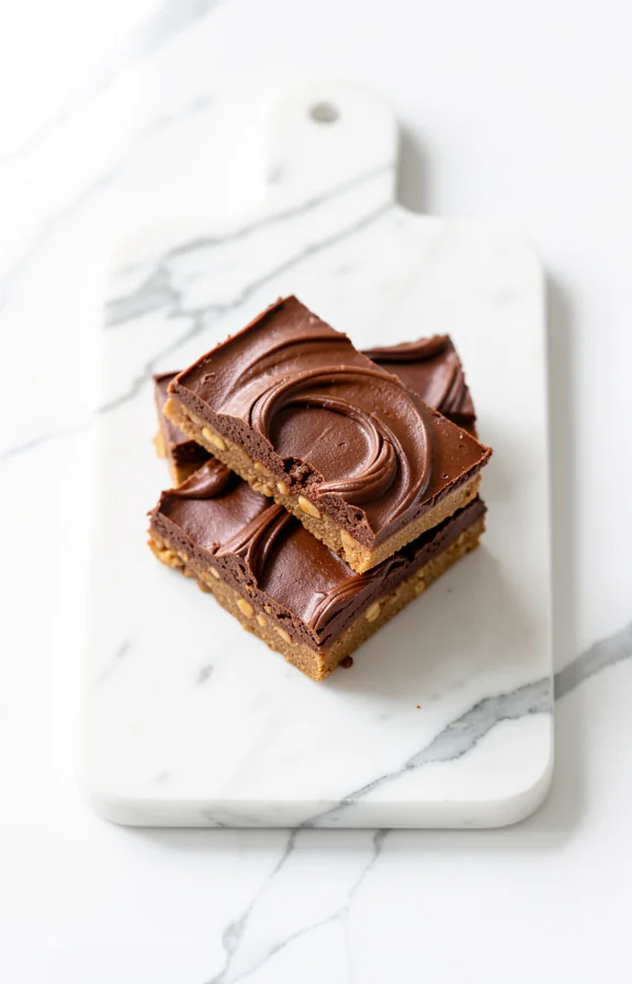 overhead view of Keto Chocolate Peanut Butter Bars on white marble surface