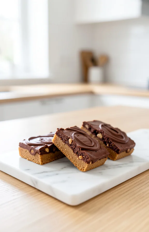 eye-level view of Keto Chocolate Peanut Butter Bars on the kitchen countertop