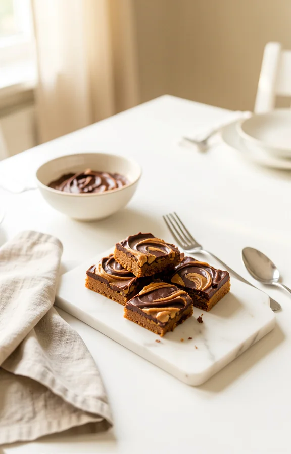 overhead view of Keto Chocolate Peanut Butter Bars on a dining table